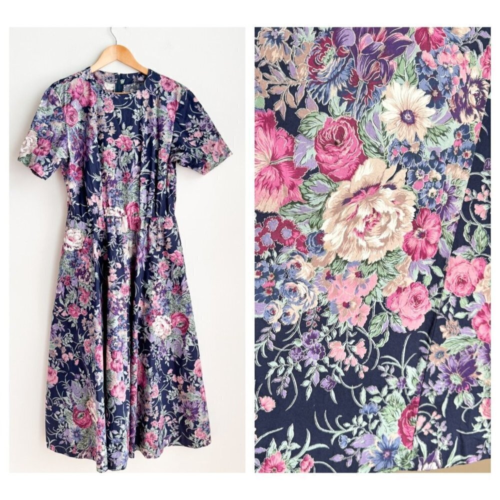 Vintage Floral Pink Purple Lilac Midi Dress M